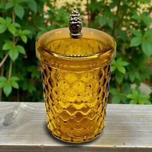 Vintage Amber Apothecary Glass Jar Lid MCM Quilted Diamond Pinecone Finial 7.5"